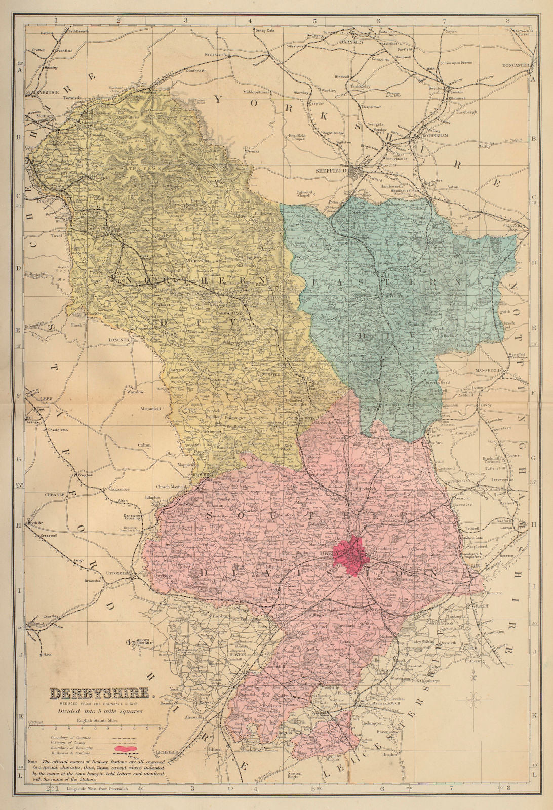 DERBYSHIRE antique county map by GW BACON 1883 old plan chart